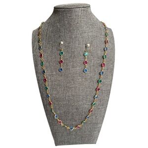 Swarovski Bezel Jewel Tone Crystal Necklace & Earrings Set Gold Tone Signed Swan